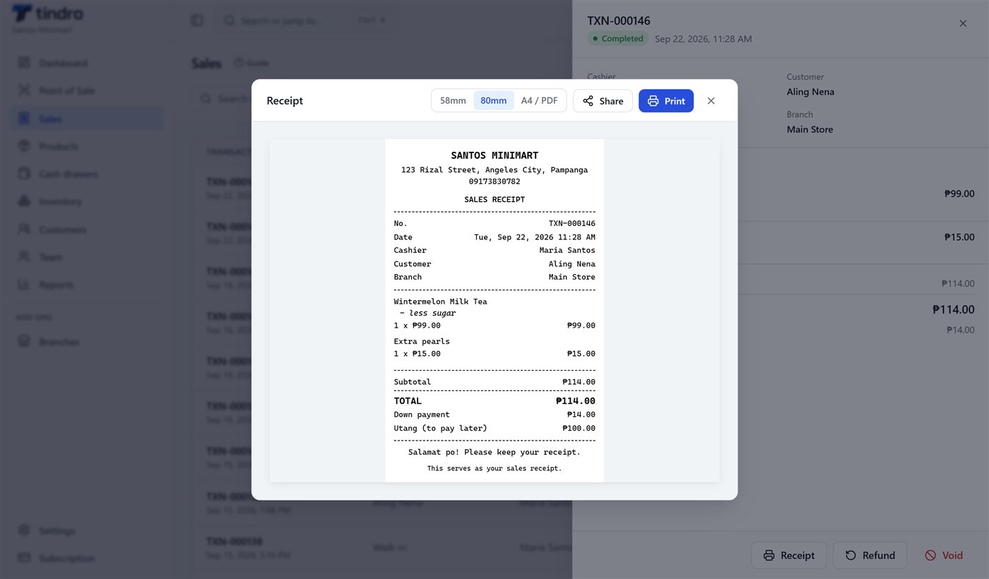 A Tindro receipt with Share and Print buttons