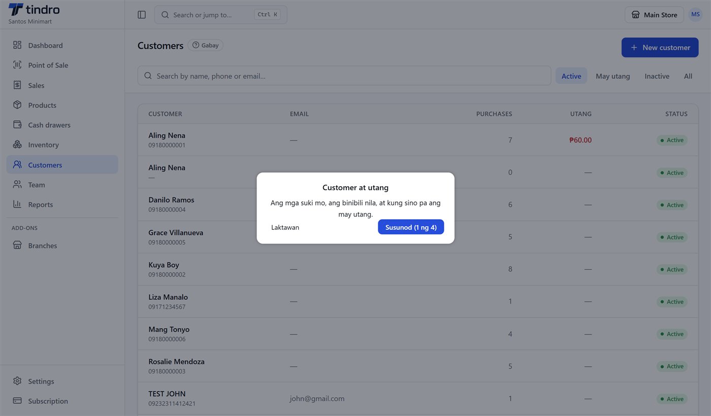 A guided tour step in Tagalog on the Customers page