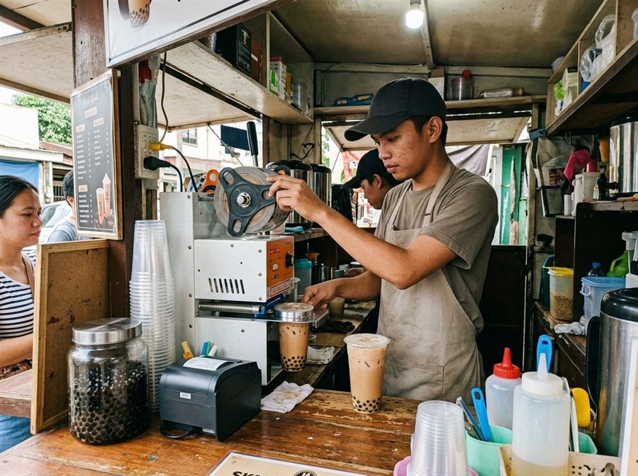 A milk tea stall sealing a cup