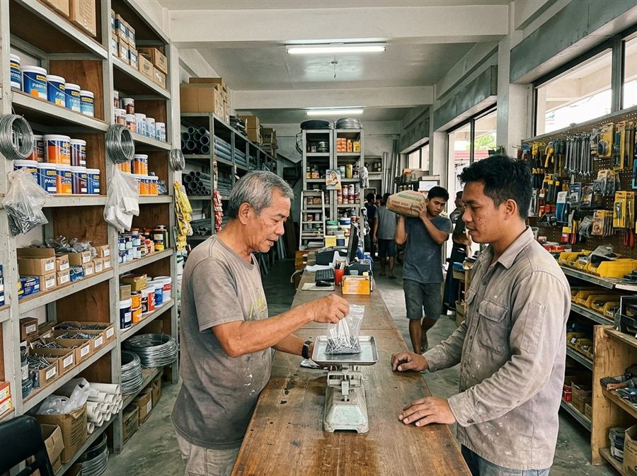 A hardware store counter weighing nails