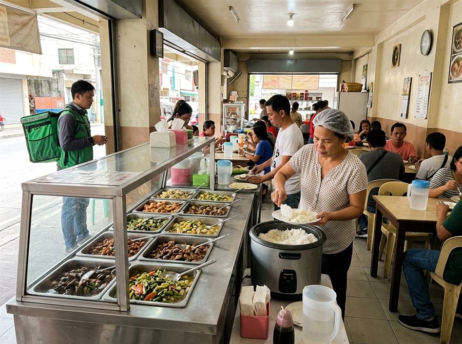 A carinderia counter at lunch