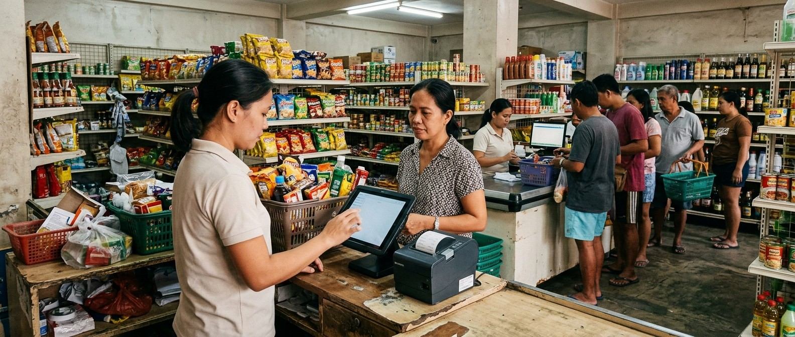 A cashier ringing up a sale on a tablet at a busy neighbourhood grocery