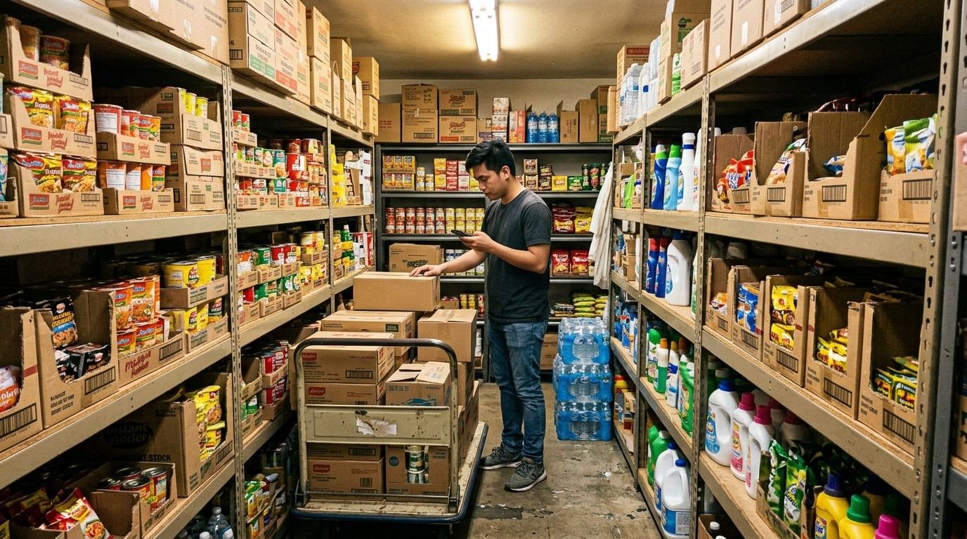 A stock clerk checking cartons in a minimart stockroom