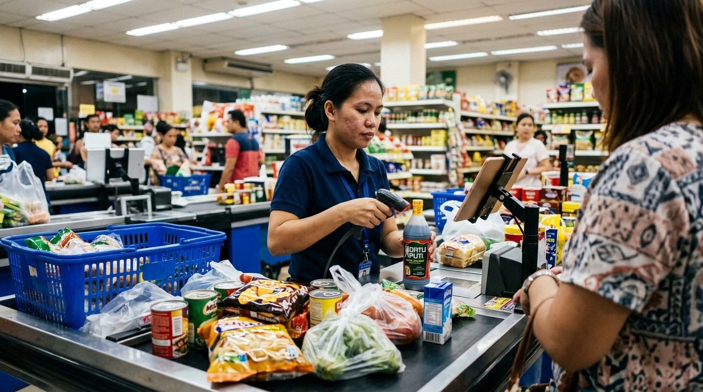 A cashier scanning a barcode at the checkout