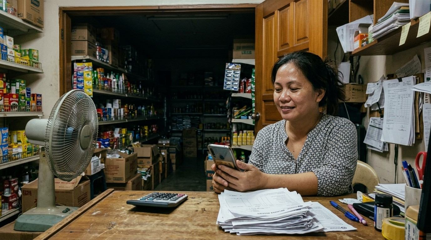 A store owner checking the day's sales on her phone after closing