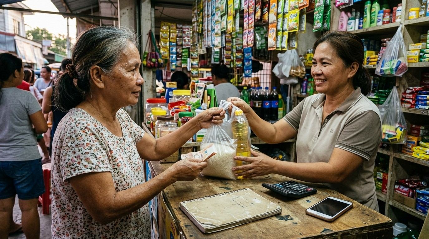 A regular customer receiving rice and cooking oil at a neighbourhood store
